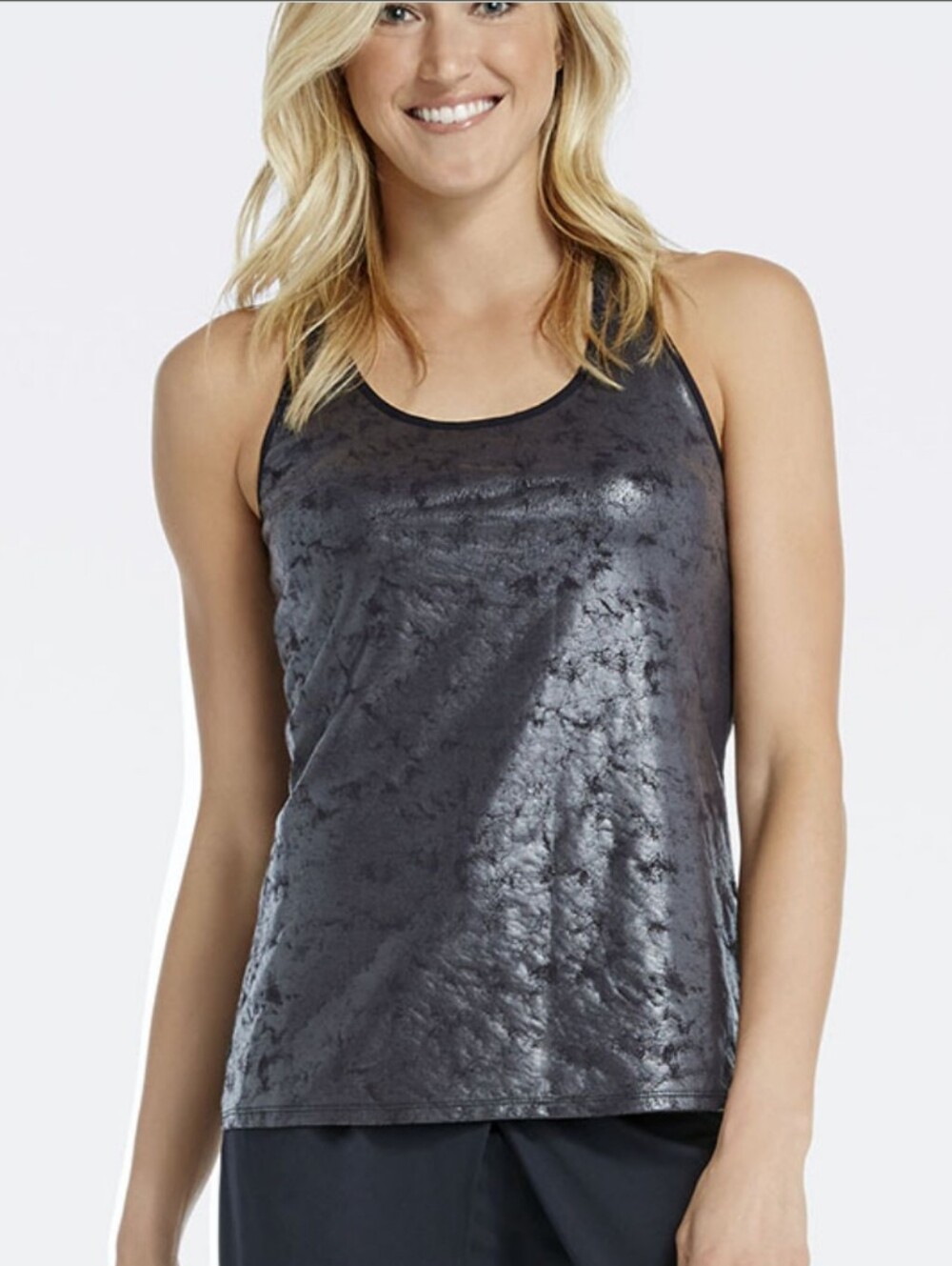Fabletics Metallic Crushed Velvet Black Racerback Tank